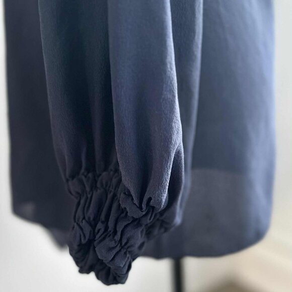 NWT Shan Ink-Blue Silk Semi-Sheer Ruffle-Blouse w/ Cascading Front & Tie – US 6 - Picture 13 of 14